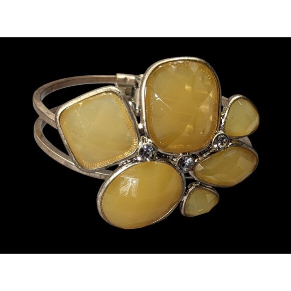 Chunky Retro Yellow Gemmed Gold-Tone Cuff Bracelet With Rhinestone Accents - Picture 2 of 6